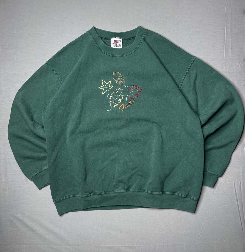Vintage 90s Top Threads Forest Green Fall Leaves Embroidered Crewneck Sweatshirt